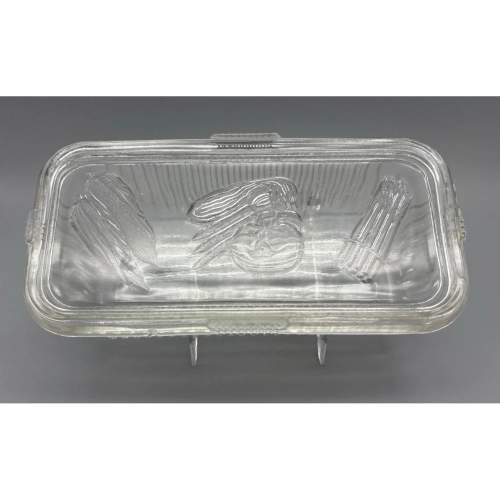 Vintage Federal clear glass refrigerator storage dish embossed vegetables on lid